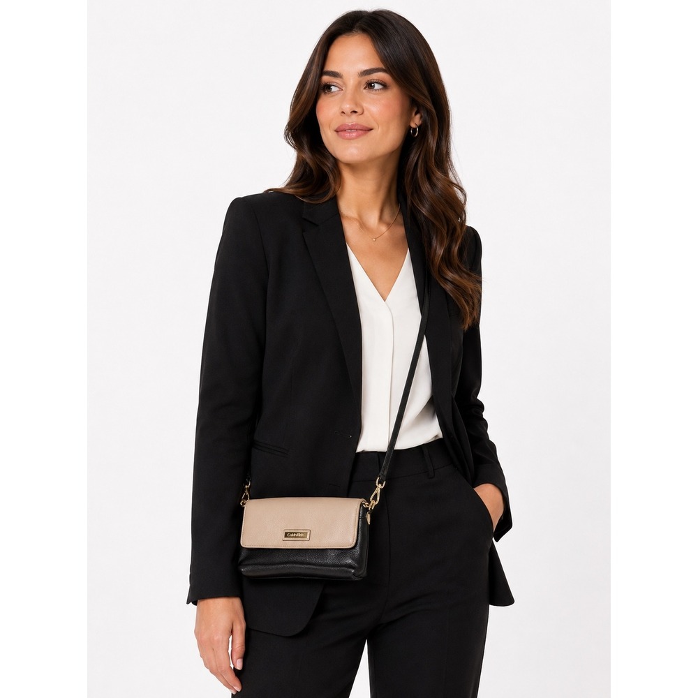 Calvin Klein Crossbody Bag Women Small Black Beige Pebbled Leather Minimalist